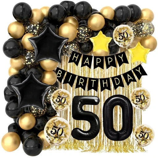 Zestaw-dekoracji-Balony-50-Urodziny-urodzinowe-czarne-ozdoby-zlota-kurtyna.webp