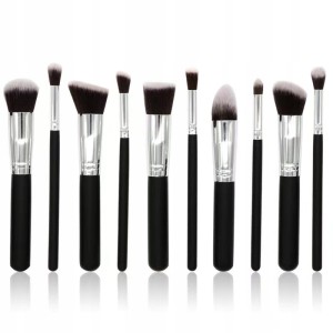ZESTAW PROFESJONALNYCH PĘDZLI DO MAKIJAŻU 10 SZT. CZARNO - SREBRNE